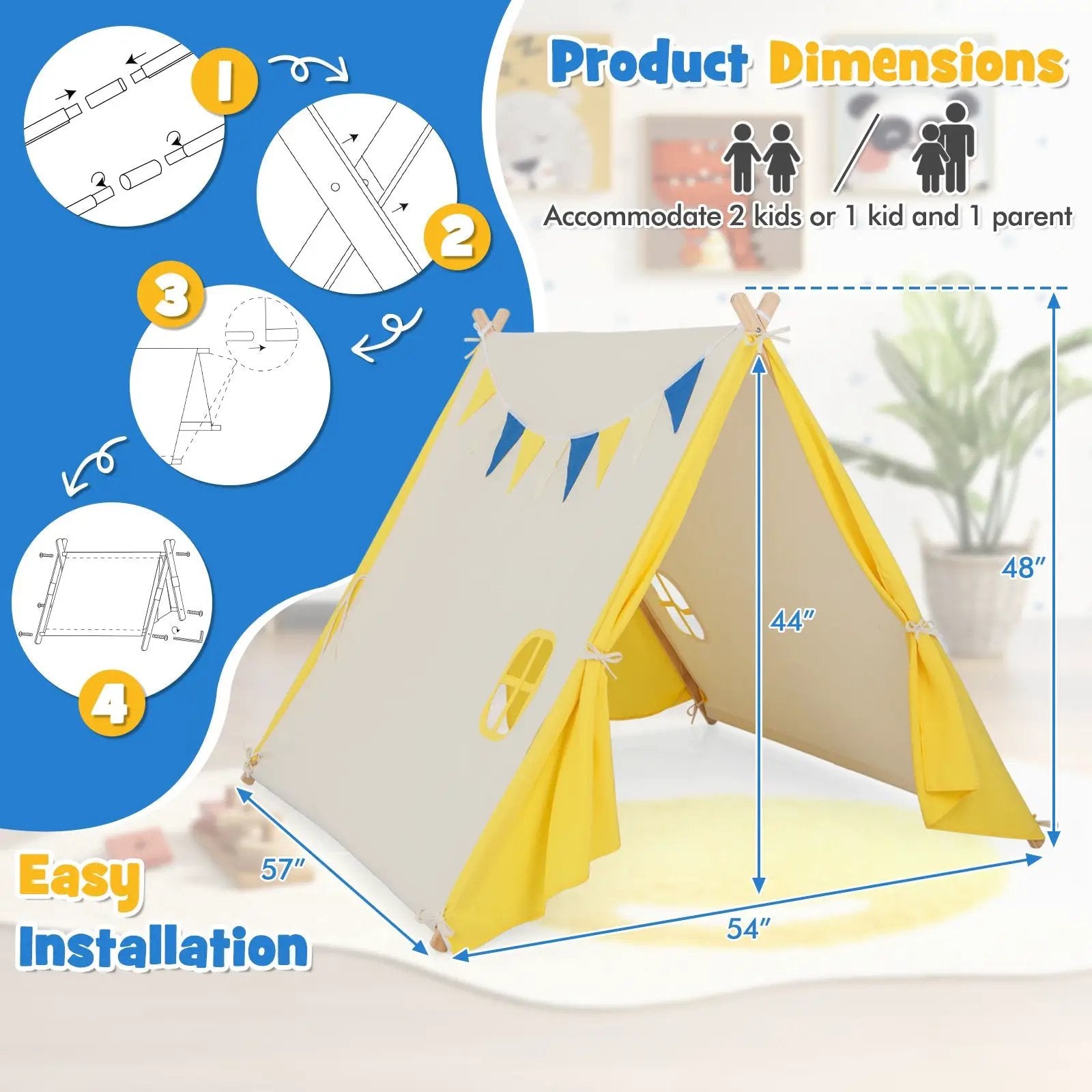 Kids Play Tent with Solid Wood Frame Holiday Birthday Gift & Toy for Boys & Girls-Yellow by DirectDeals