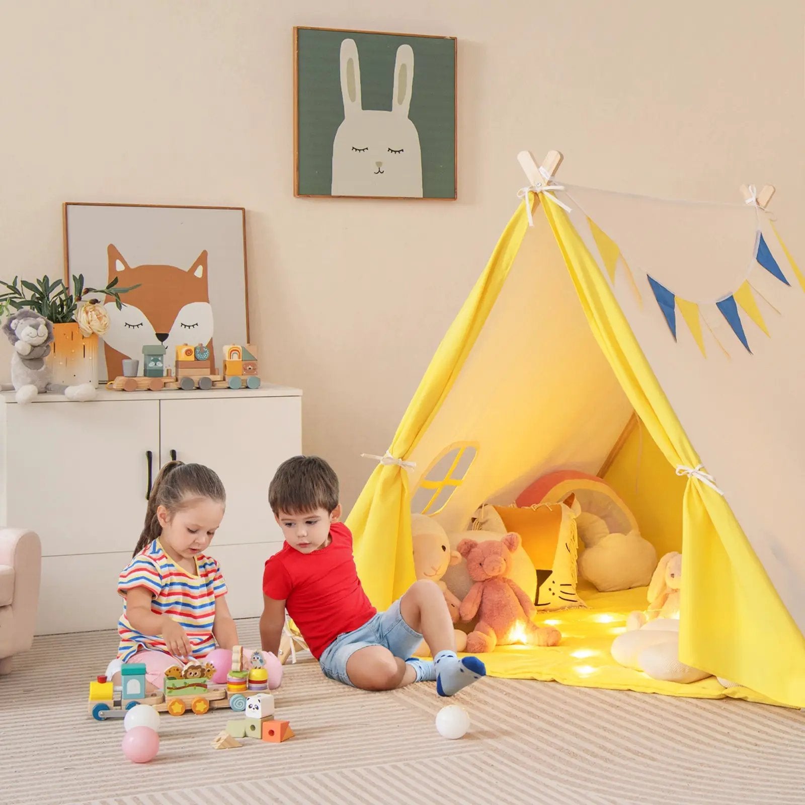 Kids Play Tent with Solid Wood Frame Holiday Birthday Gift & Toy for Boys & Girls-Yellow by DirectDeals