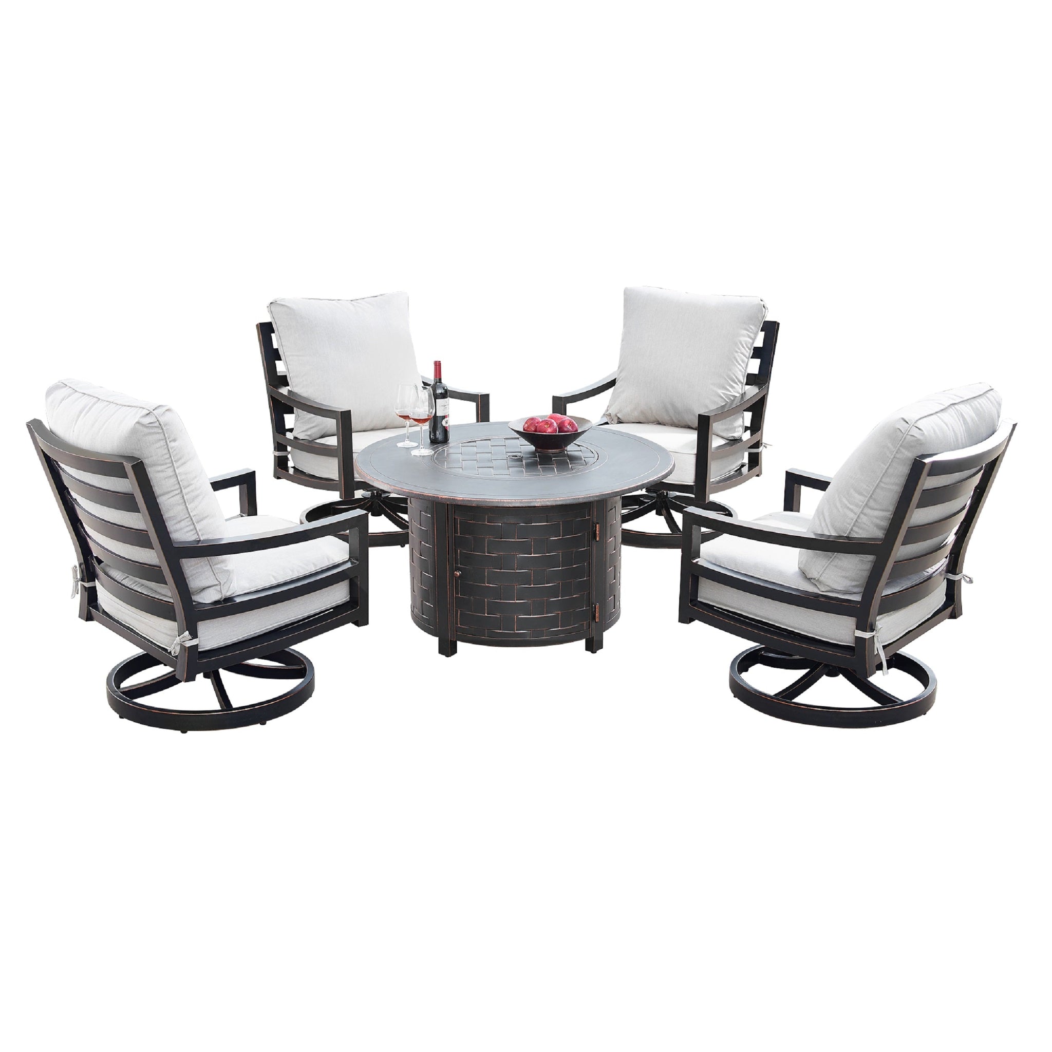 Aluminum 44-in Round Patio Fire Table Set with Swivel Rocking Chairs by Sharicks