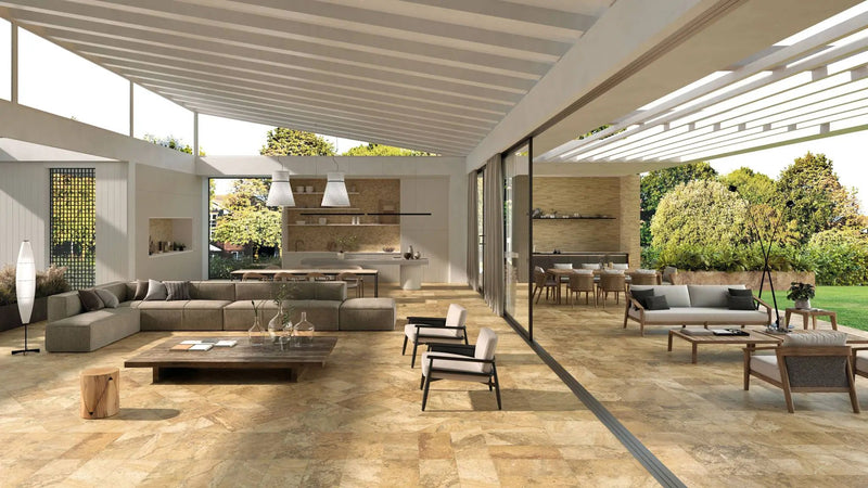 Frontier20 Travertine Select Cross Cut Scabas Look Porcelain Pavers 24x24 by landmarkceramics