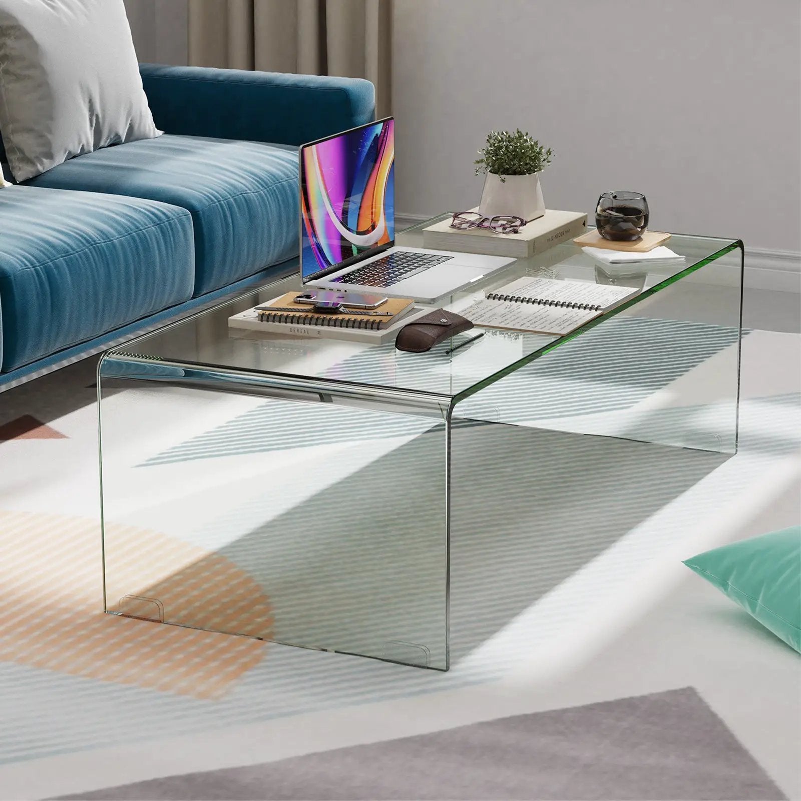 42 x 19.7 Inch Clear Tempered Glass Coffee Table with Rounded Edges-Transparent by DirectDeals