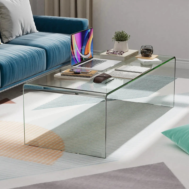 42 x 19.7 Inch Clear Tempered Glass Coffee Table with Rounded Edges-Transparent by DirectDeals