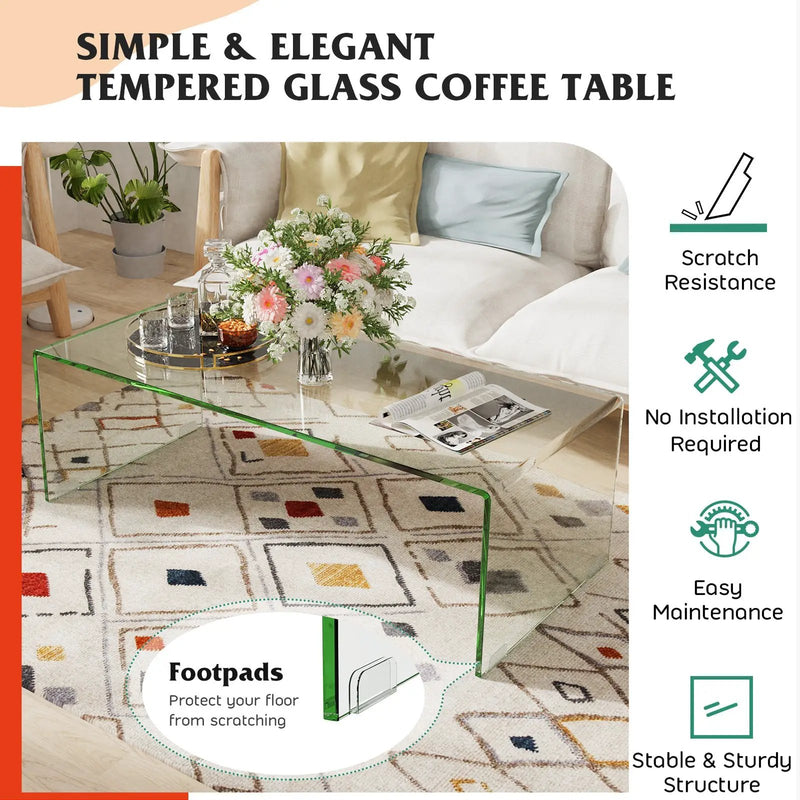 42 x 19.7 Inch Clear Tempered Glass Coffee Table with Rounded Edges-Transparent by DirectDeals