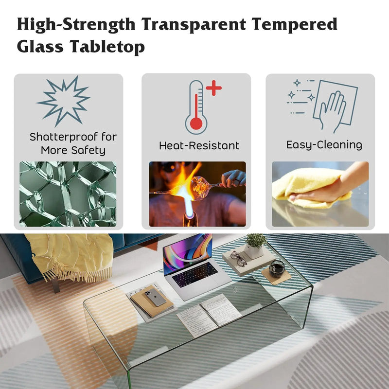 42 x 19.7 Inch Clear Tempered Glass Coffee Table with Rounded Edges-Transparent by DirectDeals