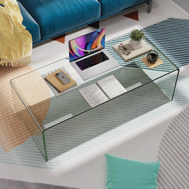 42 x 19.7 Inch Clear Tempered Glass Coffee Table with Rounded Edges-Transparent by DirectDeals