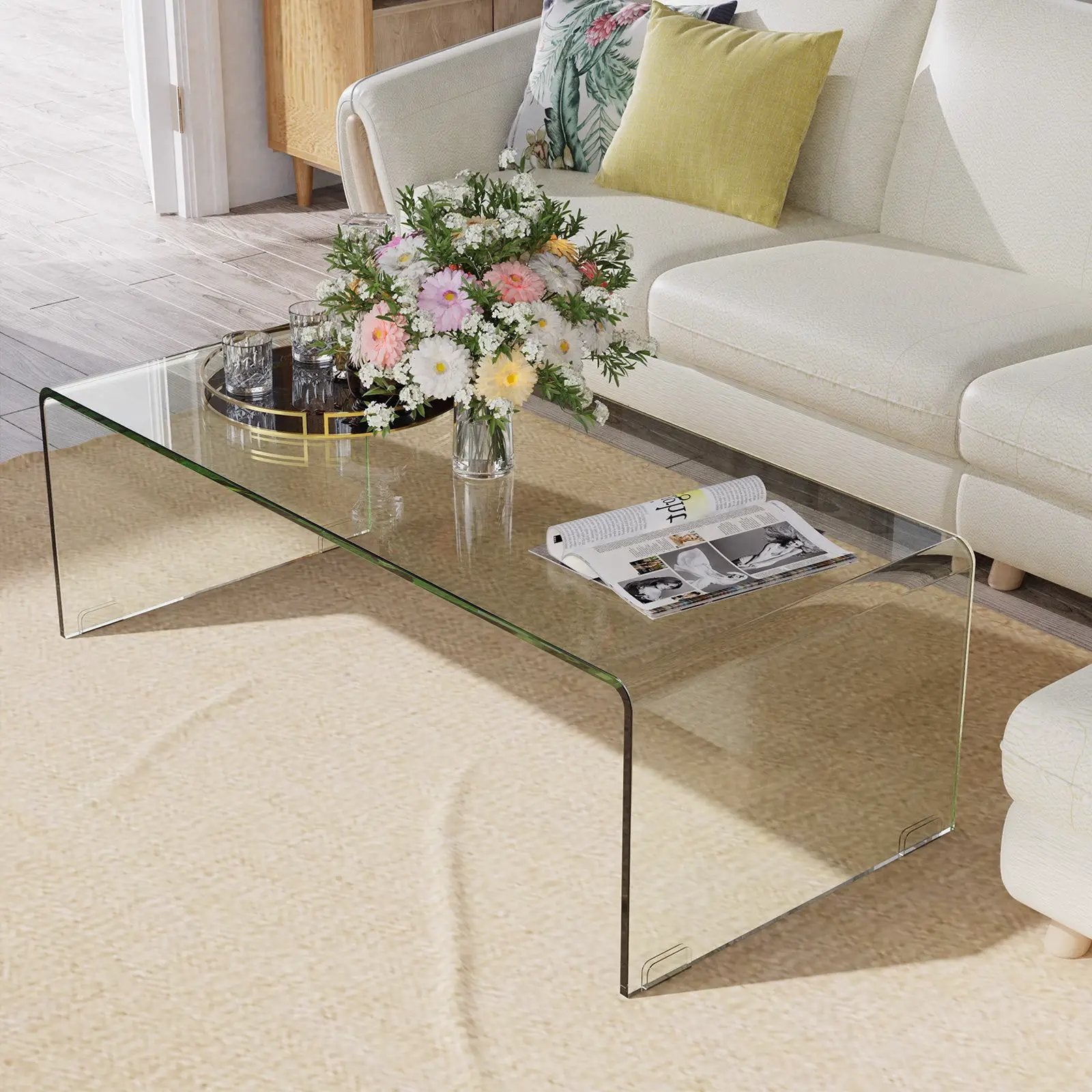 42 x 19.7 Inch Clear Tempered Glass Coffee Table with Rounded Edges-Transparent by DirectDeals