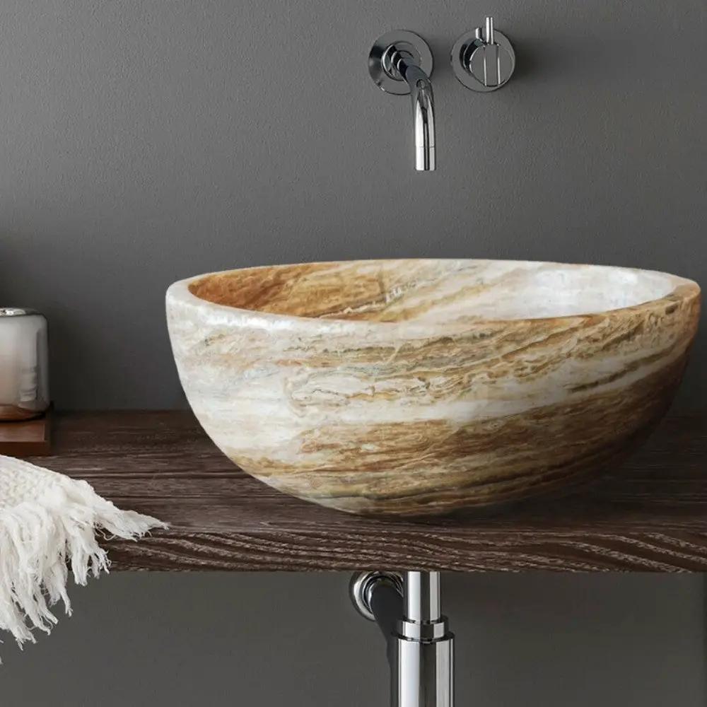 Travertine Onyx Natural Stone Round Vessel Sink - 16 Inch Diameter by GobekDesign