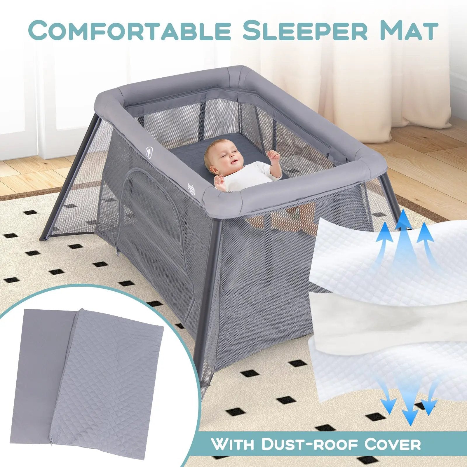 2-in-1 Portable Baby Playpen with Safety Enclosure and Padded Mattress-Dark Gray by DirectDeals