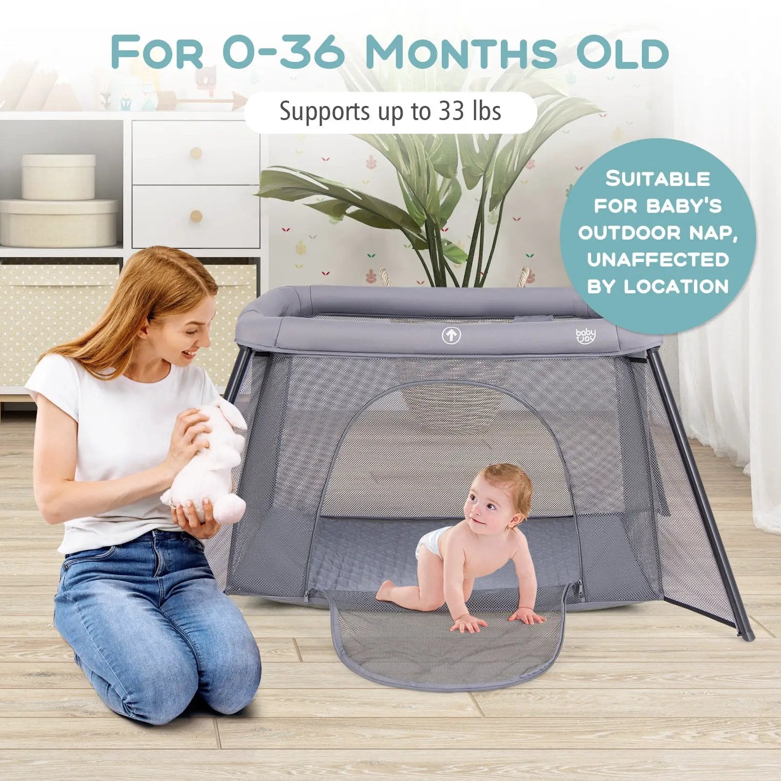 2-in-1 Portable Baby Playpen with Safety Enclosure and Padded Mattress-Dark Gray by DirectDeals