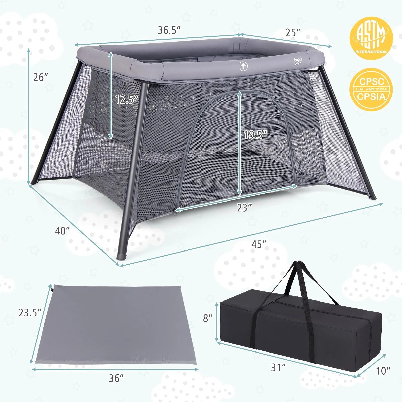 2-in-1 Portable Baby Playpen with Safety Enclosure and Padded Mattress-Dark Gray by DirectDeals