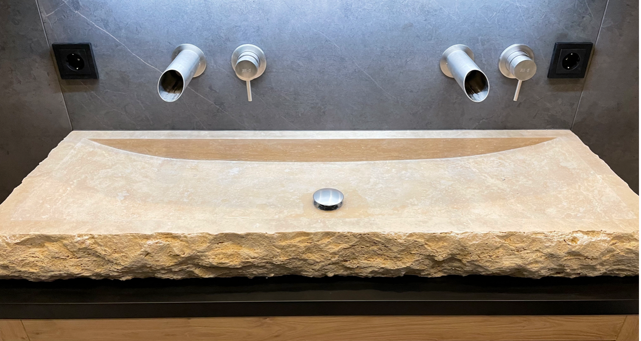 Troia Light Travertine Rectangular Vessel Sink Honed and Hand-Split (W)16" (L)48" (H)4" by GobekDesign