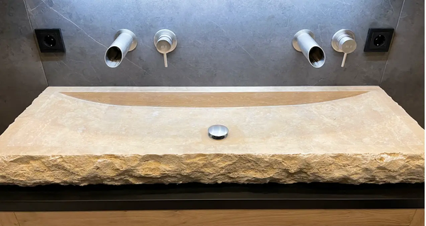 Light Travertine Rectangular Vessel Sink - Honed Hand-Split 16x48