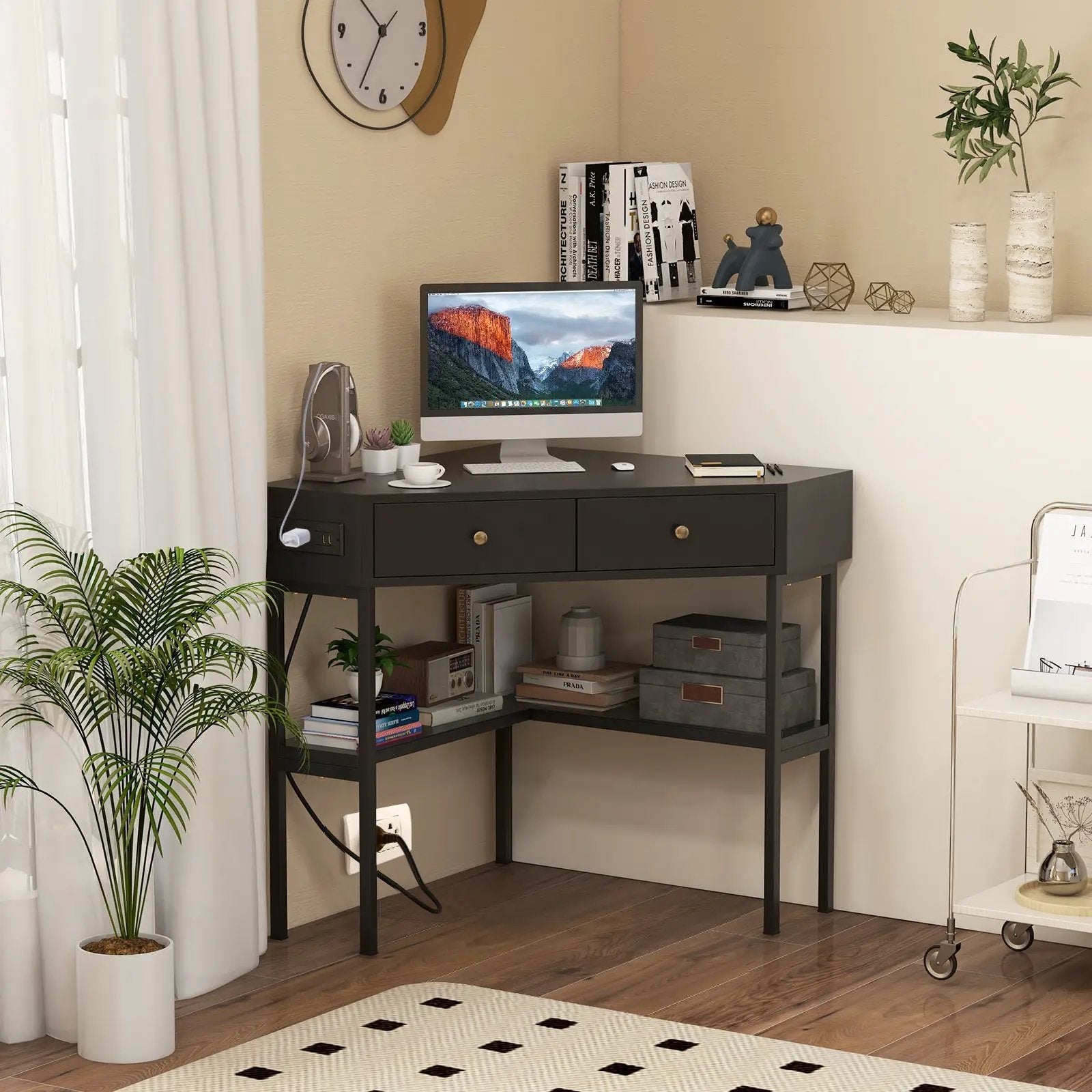 Triangle Corner Desk with Charging Station with 2 Drawers and Storage Shelf by DirectDeals