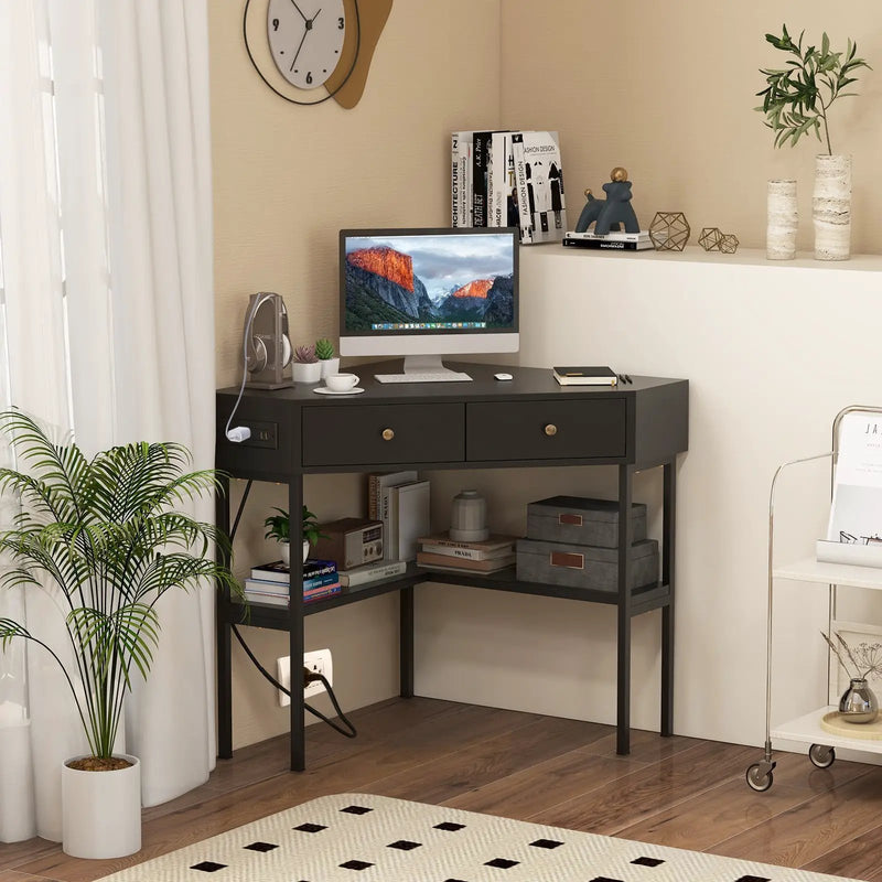 Triangle Corner Desk with Charging Station with 2 Drawers and Storage Shelf by DirectDeals