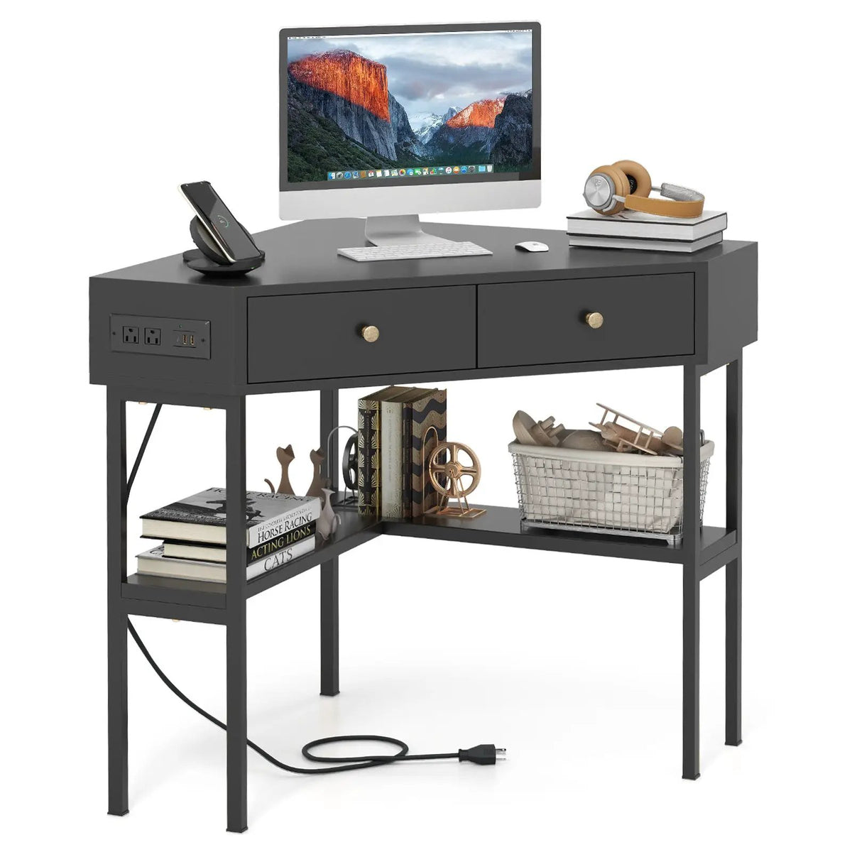 Triangle Corner Desk with Charging Station with 2 Drawers and Storage Shelf, photo 4 of 10