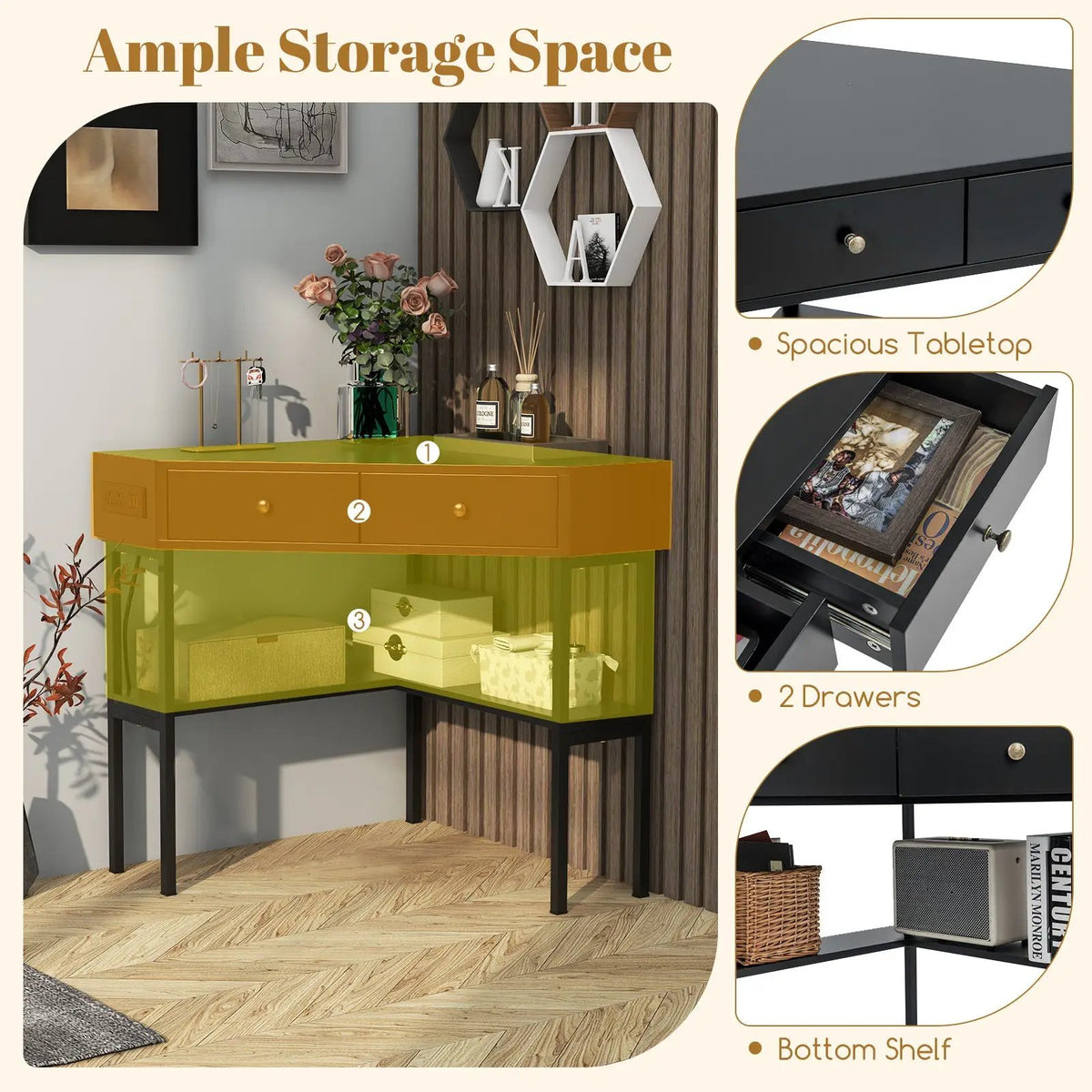 Triangle Corner Desk with Charging Station with 2 Drawers and Storage Shelf, photo 7 of 10