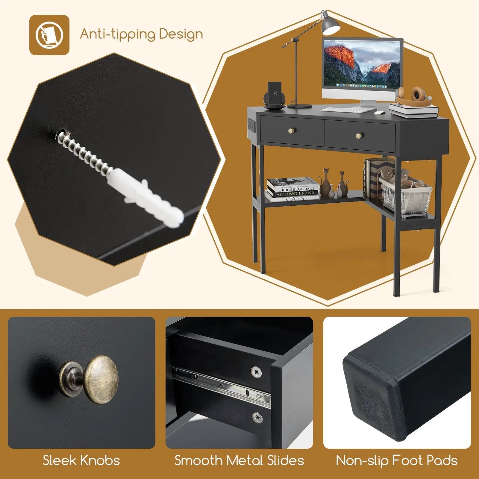 Triangle Corner Desk with Charging Station with 2 Drawers and Storage Shelf by DirectDeals