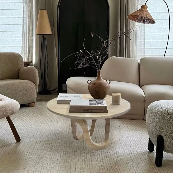 Light Travertine Vein-cut Round Polished Coffee Table 24inch by GobekDesign