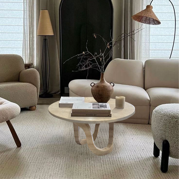 Light Travertine Vein-cut Round Polished Coffee Table 24inch
