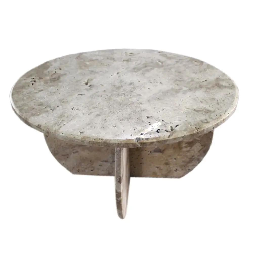 Light Travertine Unfilled Round Polished Coffee Table 27.5in by GobekDesign