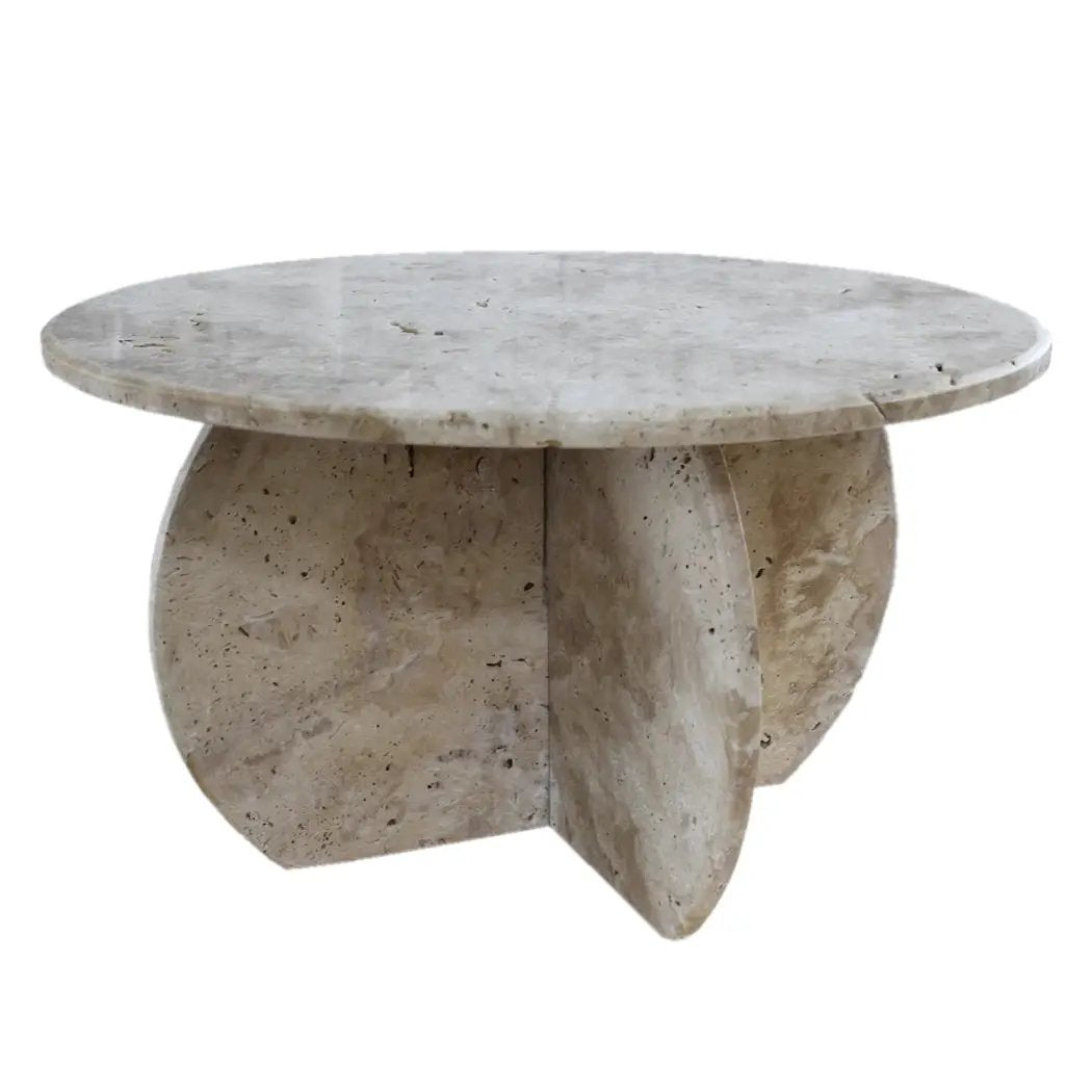 Light Travertine Unfilled Round Polished Coffee Table 27.5in by GobekDesign