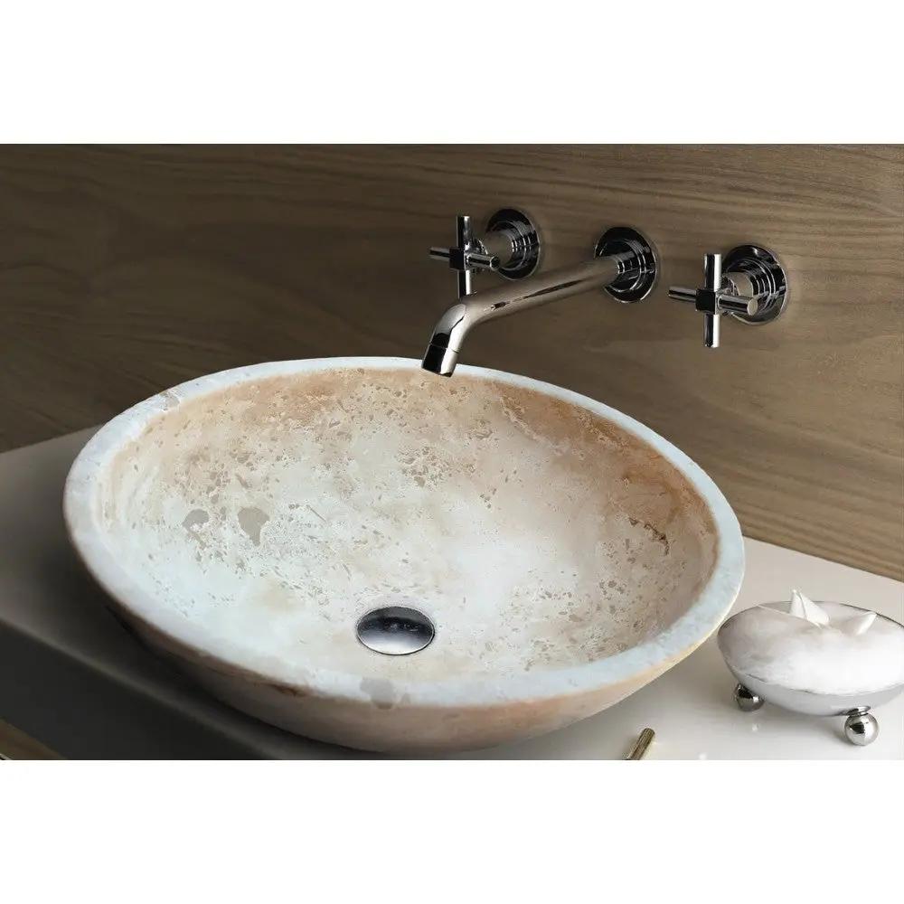 Travertine Natural Stone Oval Vessel Sink 16x21x6 Handcrafted Light Beige Artisan by GobekDesign