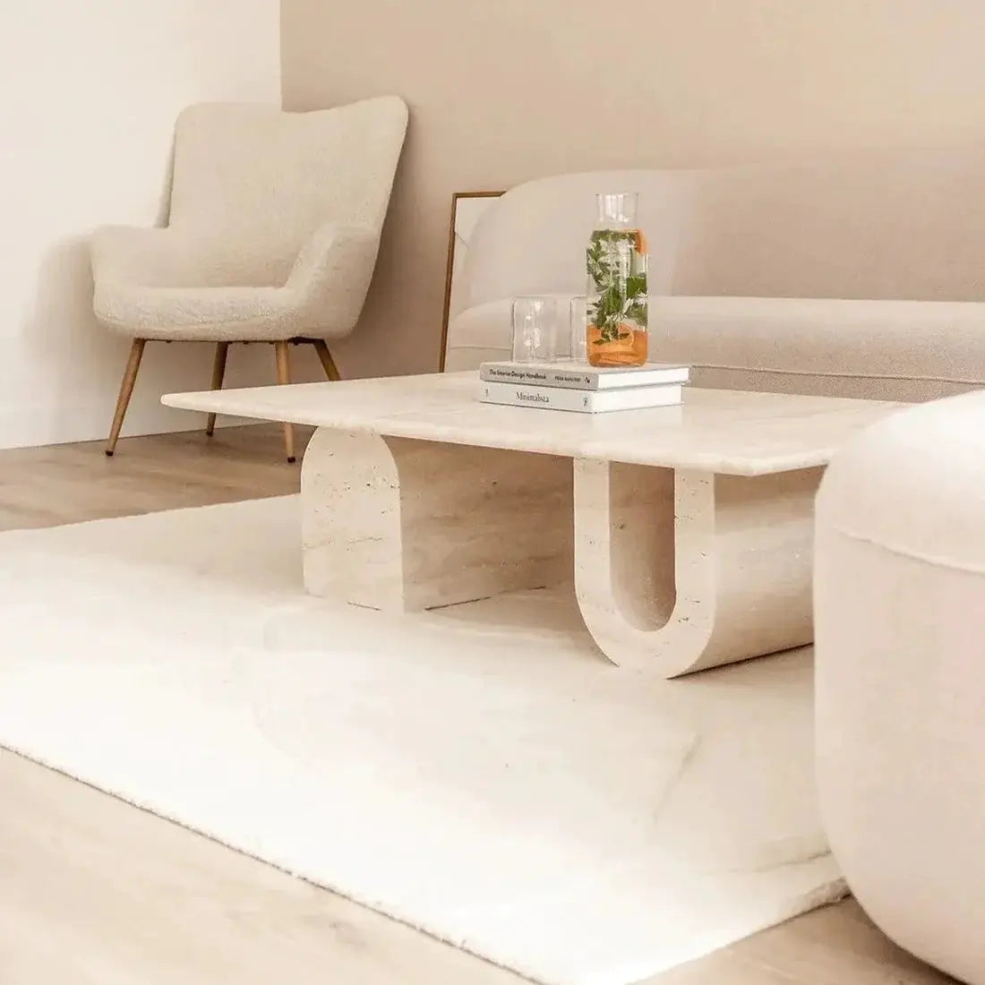 Light Travertine Designer Coffee Table with U Shaped Legs 28W x 48L - Polished Finish by GobekDesign