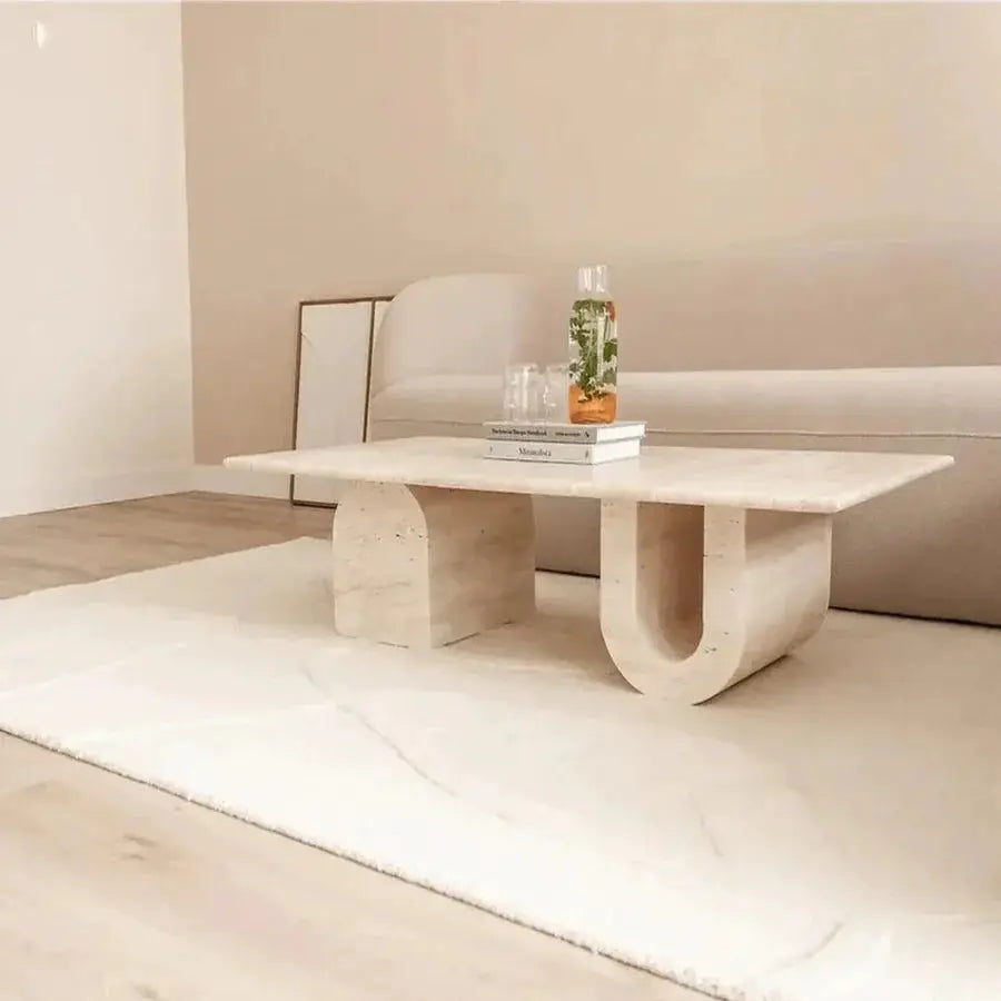 Light Travertine Designer Coffee Table with U Shaped Legs 28W x 48L - Polished Finish by GobekDesign