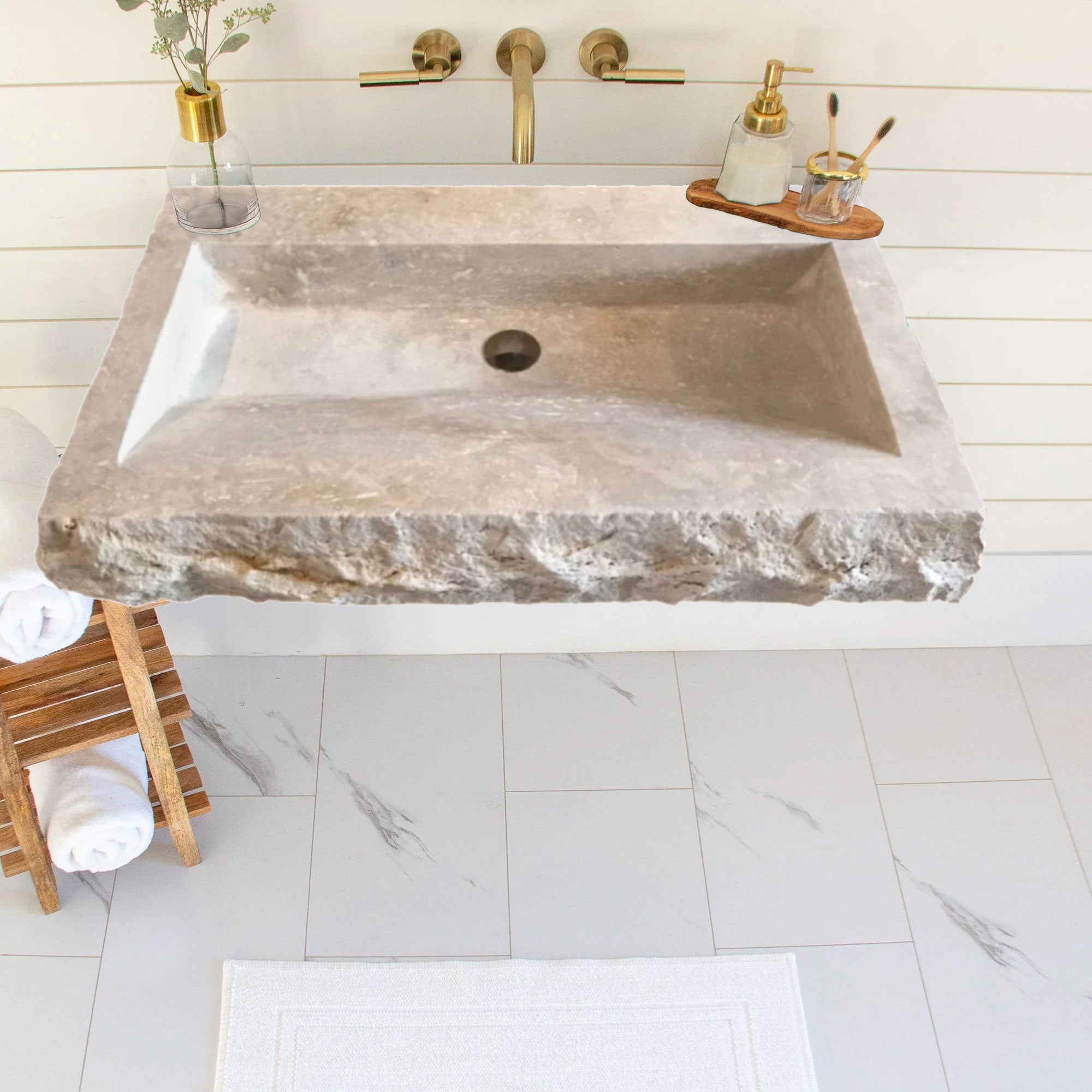 Troia Light Travertine Rustic Rectangular Wall-mount Bathroom Sink (W)16" (L)30" (H)5" by GobekDesign