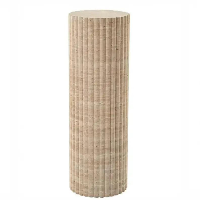 Light Travertine Natural Stone Fluted Plinth Side Table Honed by GobekDesign