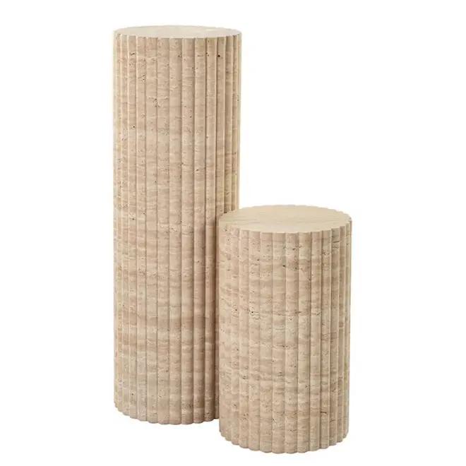 Light Travertine Natural Stone Fluted Plinth Side Table Honed by GobekDesign