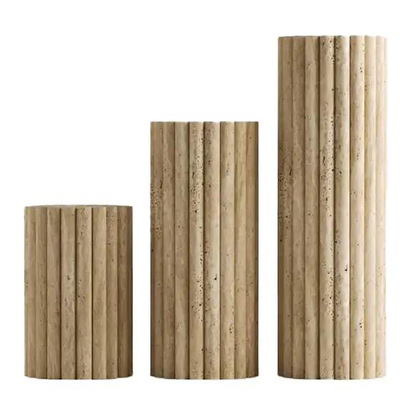 Light Travertine Natural Stone Fluted Plinth Side Table Honed by GobekDesign