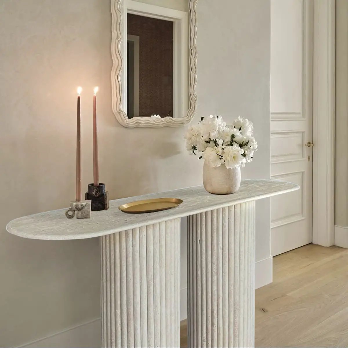 Light Travertine Designer Console Table with Fluted Legs 63 Inches Modern Minimalist by GobekDesign
