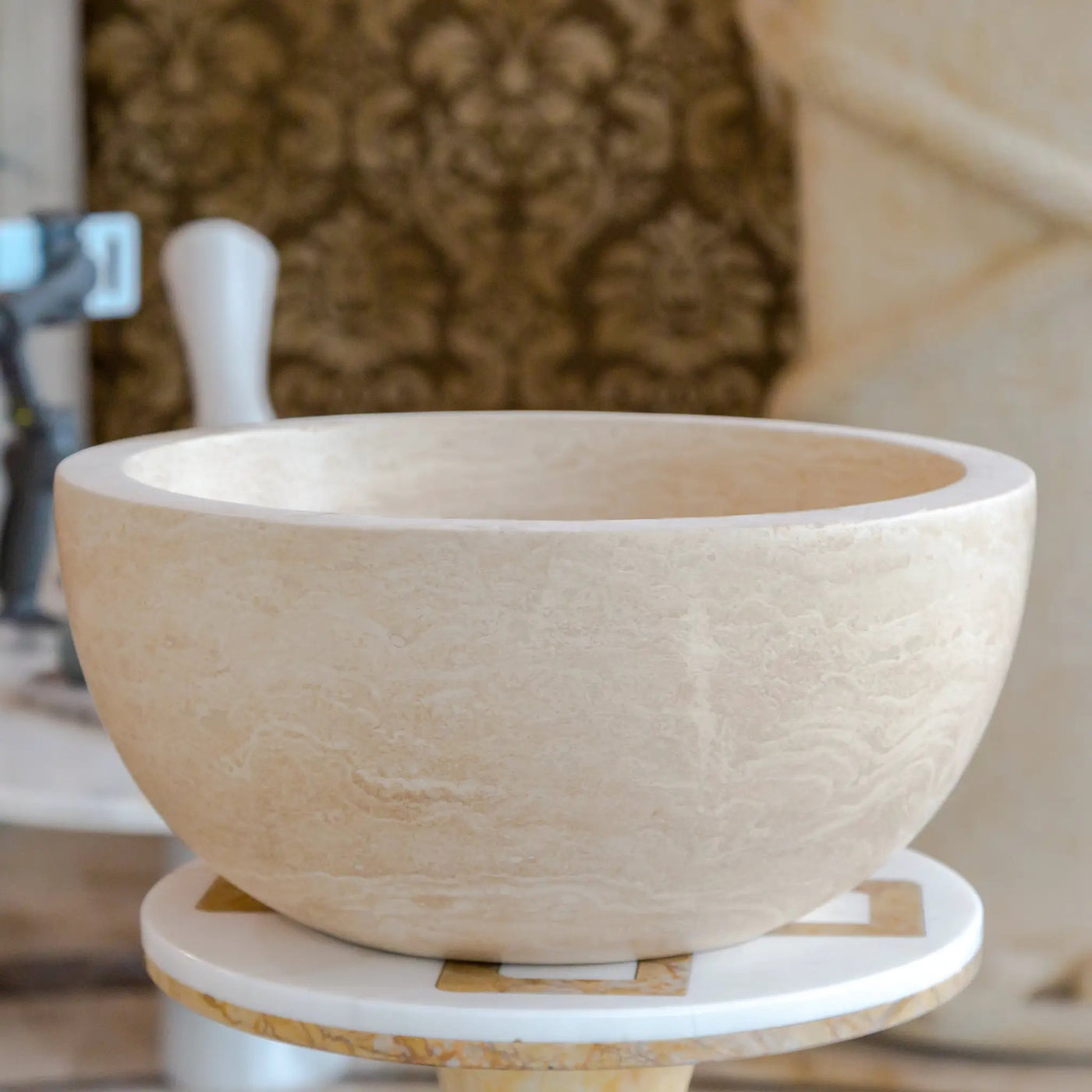 Light Travertine Natural Stone Round Vessel Sink 12.5 Inch Diameter 6 Inch Height by GobekDesign
