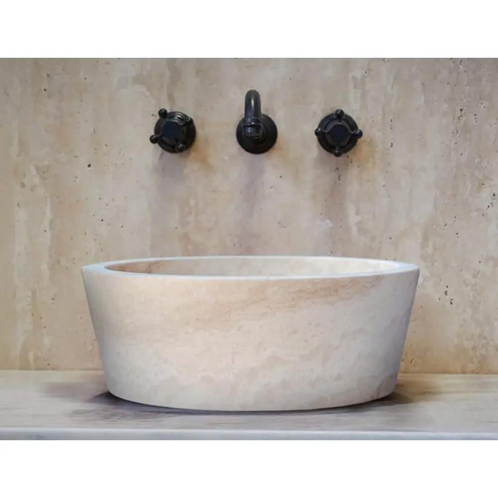 Light Beige Travertine Natural Stone Sculptural Conical Vessel Sink 16 x 6 Inch by GobekDesign