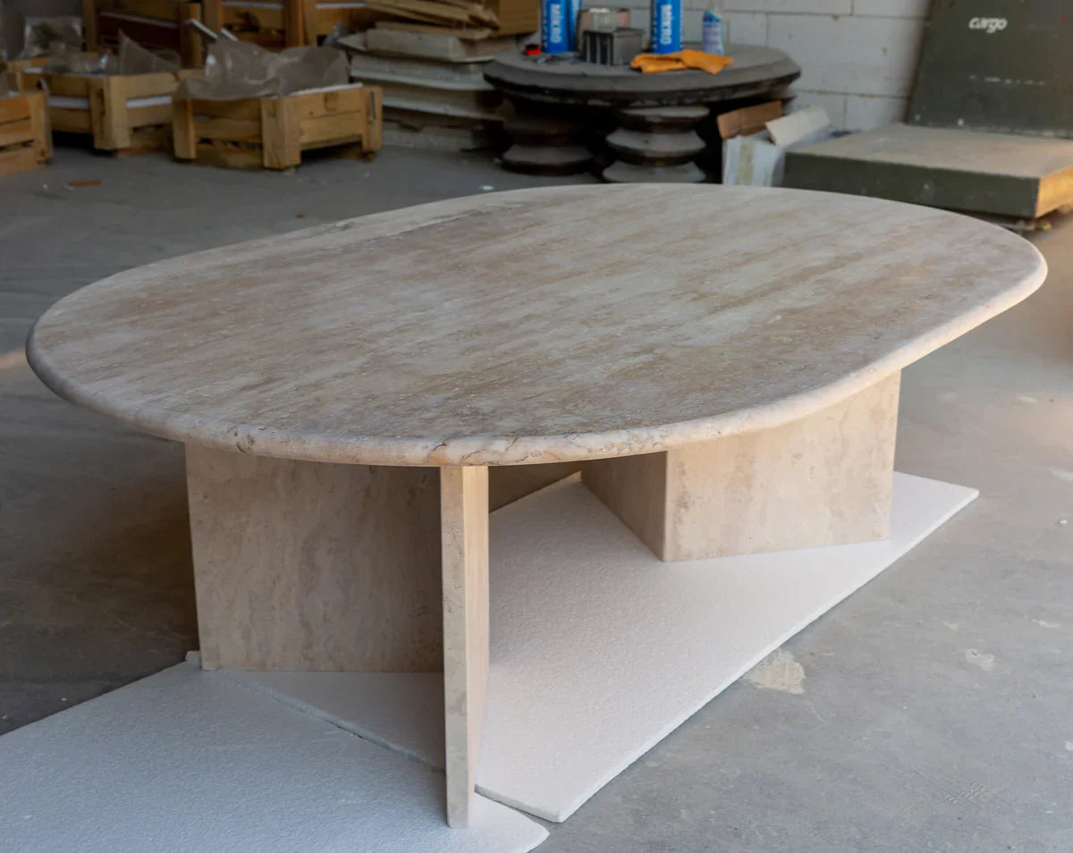 Troia Light Travertine Oval Shape Coffee Table Filled and Polished (W)24" (L)48" (H)16" by GobekDesign