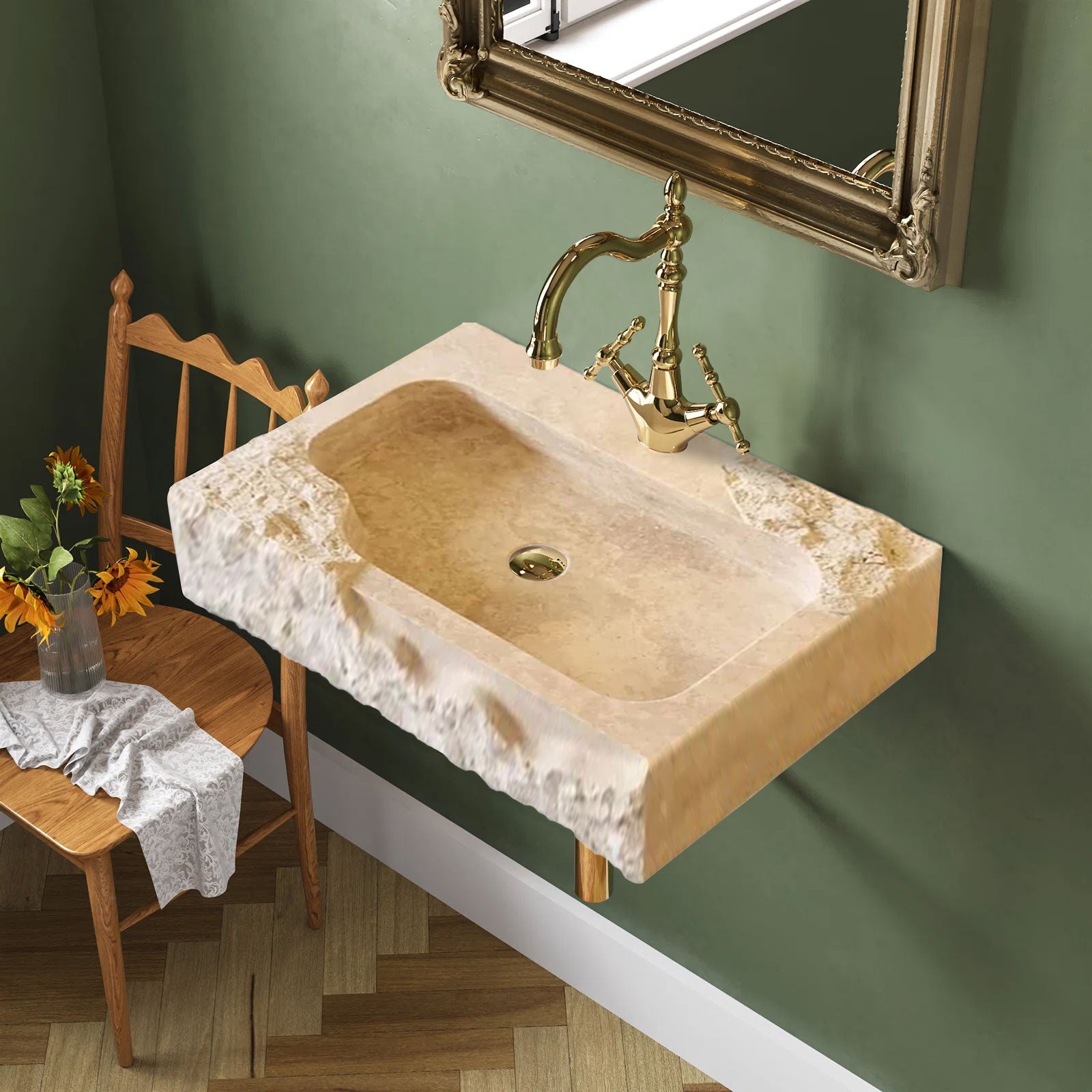 Troia Light Travertine Rustic Textured Edge Wall-mount Bathroom Sink (W)16" (L)24" (H)5" by GobekDesign