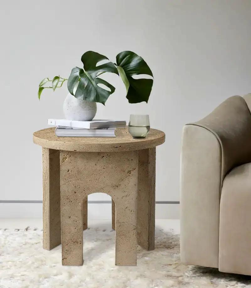 Natural Light Travertine Round End Table Honed Finish 18D x 20H by GobekDesign