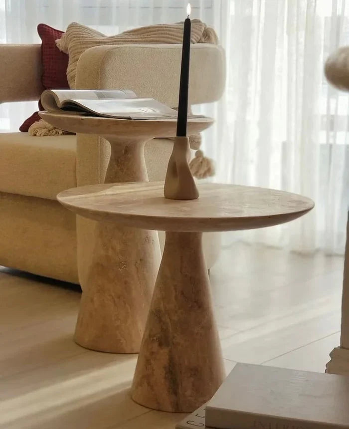 Troia Light Travertine Round End/Side Table Conic Shape Leg Honed (D)18" (H)22" by GobekDesign