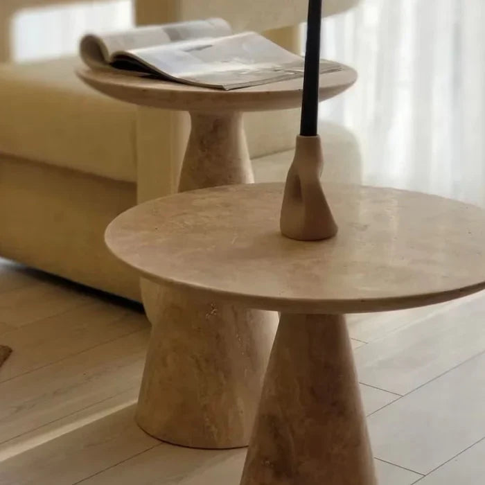 Light Travertine Round Side Table - Honed Finish Conic Legs 18x22 by GobekDesign