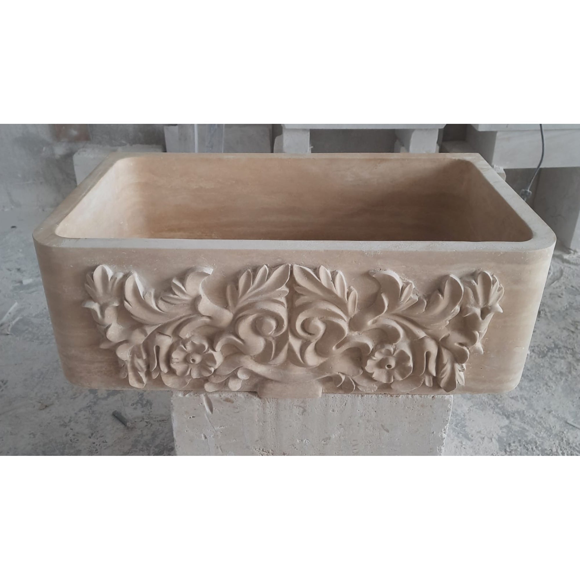Troia Light Travertine Natural Stone Farmhouse Apron Kitchen Sink (W)18" (L)30" (H)10" by GobekDesign