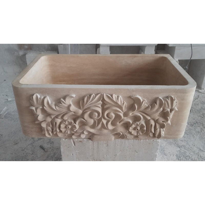 Troia Light Travertine Natural Stone Farmhouse Apron Kitchen Sink (W)18" (L)30" (H)10" by GobekDesign