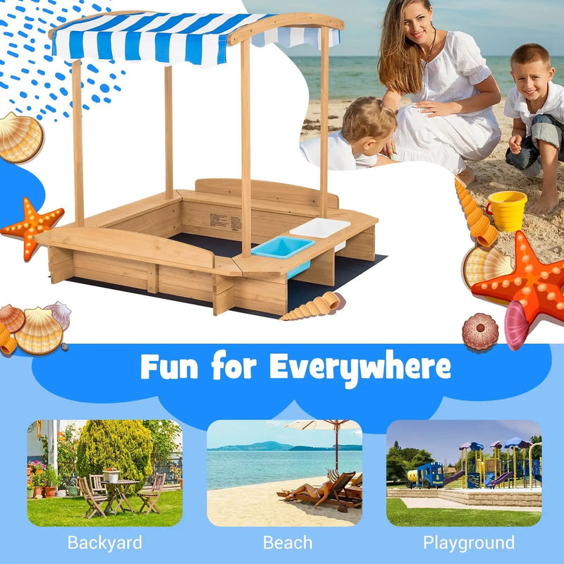 Kids Wooden Sandbox with Striped Canopy by DirectDeals