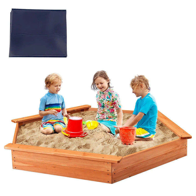 Hexagon Wooden Cedar Sand Box with Seat Boards by DirectDeals