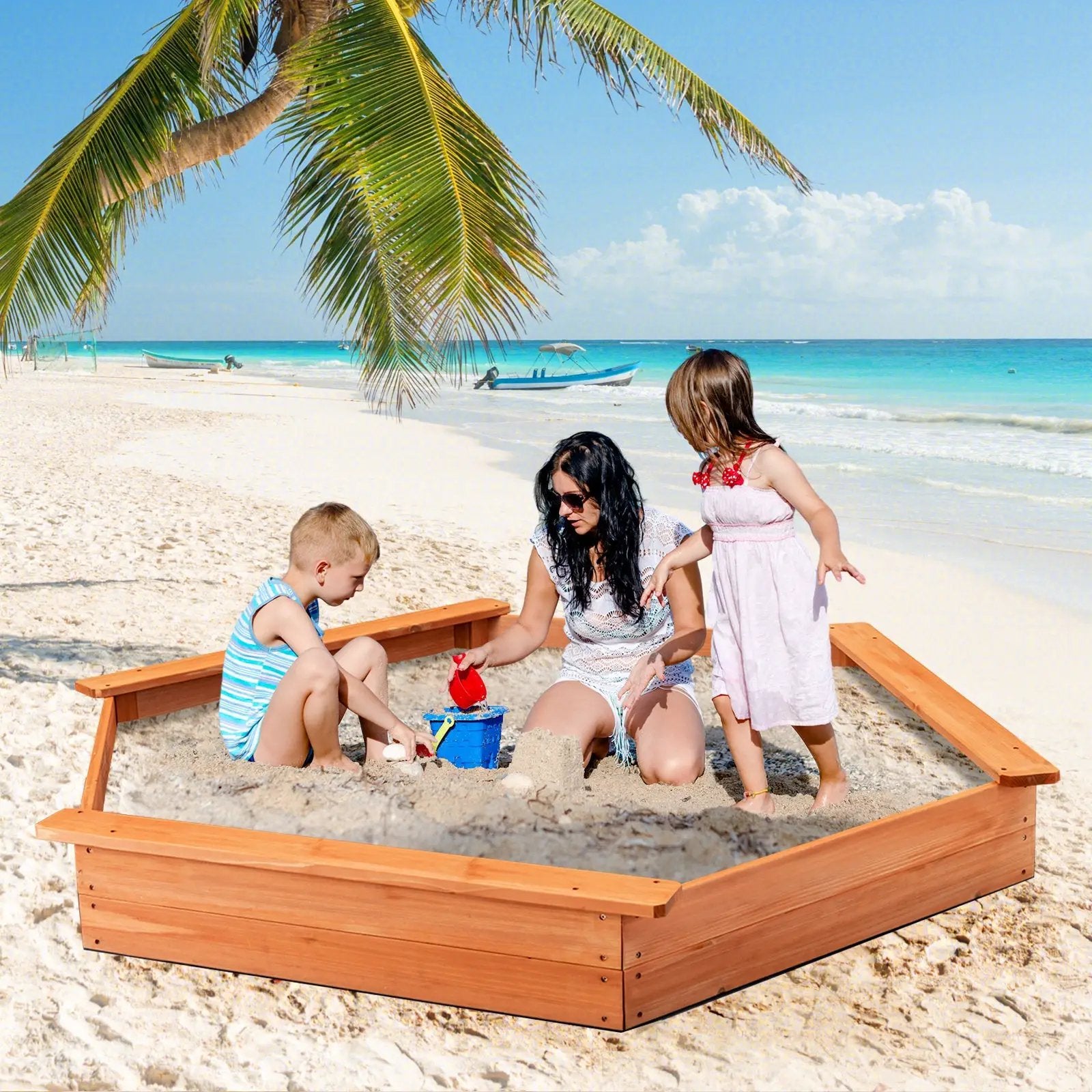 Hexagon Wooden Cedar Sand Box with Seat Boards by DirectDeals
