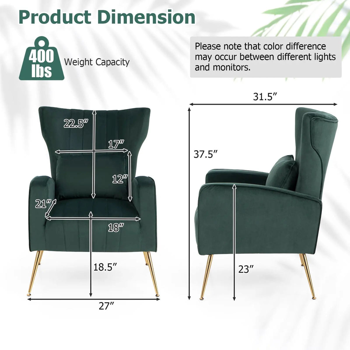 Velvet Upholstered Wingback Chair with Lumbar Pillow and Golden Metal Legs, photo 18 of 32