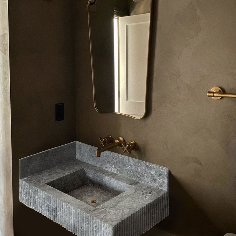 Tundra Gray Marble Rectangular Wall-mount Bathroom Sink with 6" Backsplash (W)16" (L)32" (H)10" by GobekDesign
