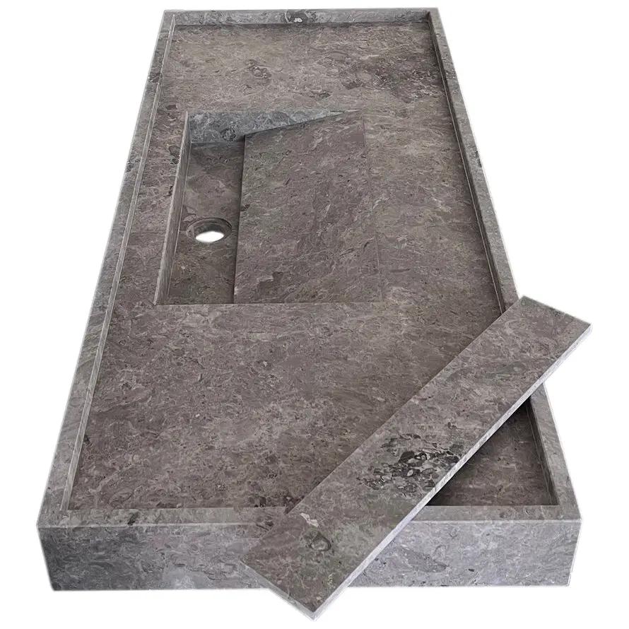 Tundra Grey Marble Rectangular Wall-Mount Bathroom Sink with Hidden Drain 48x20x5 by GobekDesign