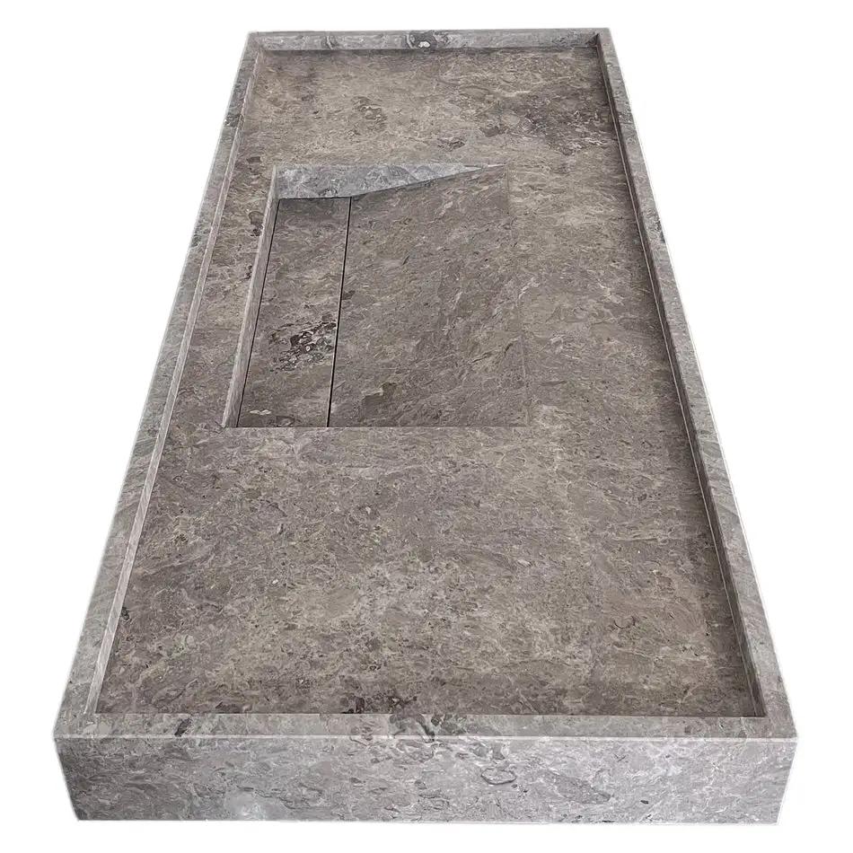 Tundra Grey Marble Rectangular Wall-Mount Bathroom Sink with Hidden Drain 48x20x5 by GobekDesign