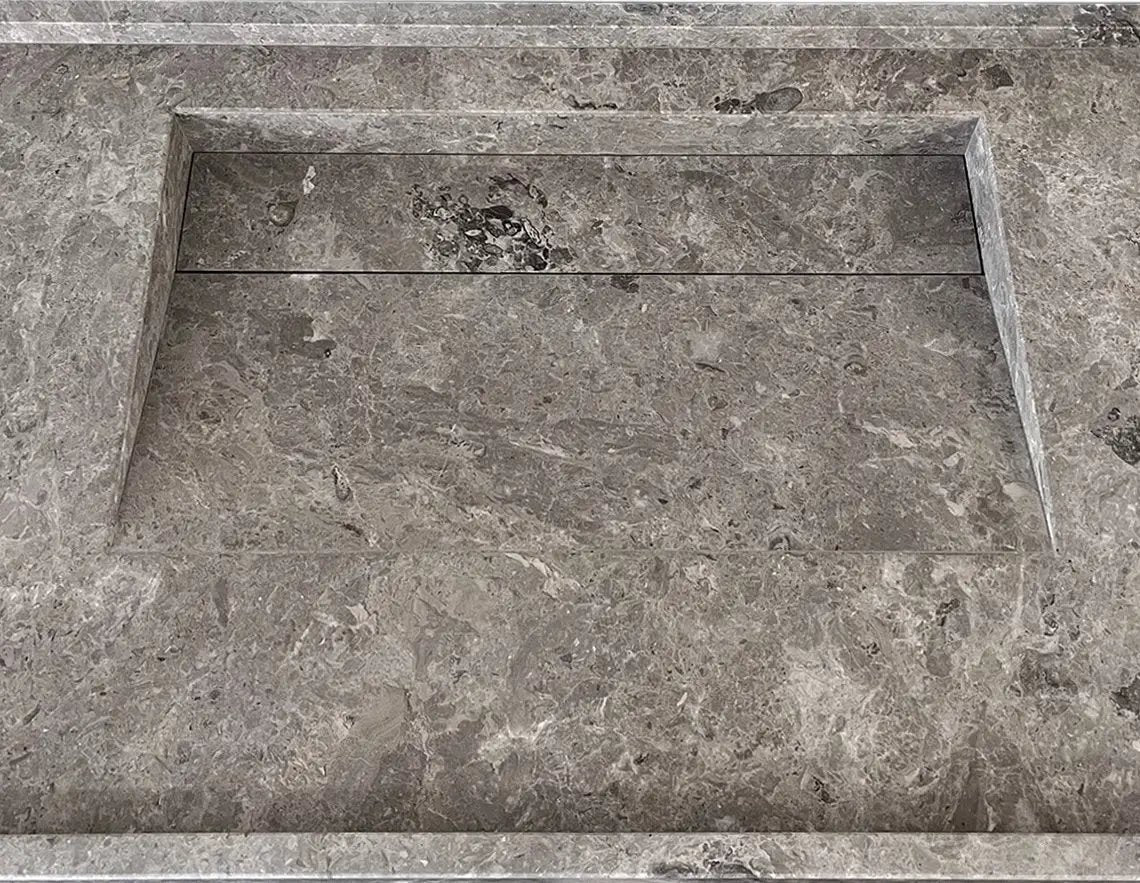 Tundra Grey Marble Rectangular Wall-Mount Bathroom Sink with Hidden Drain 48x20x5 by GobekDesign